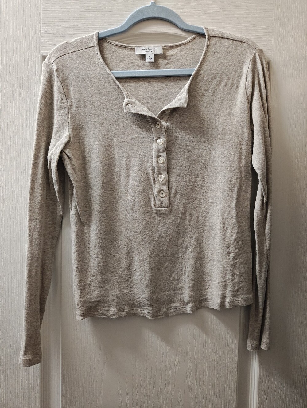 Ann Taylor Beige Long-Sleeve Henley Top